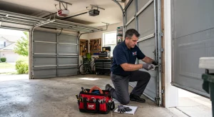 A technician using a socket wrench to adjust side track hardware next to a tool bag, illustrating Average Garage Door Repair Costs.