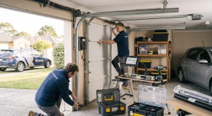 Two technicians working at different heights along the track assembly during Garage Door Repairs.