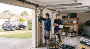 A technician spraying lubricant on track rollers while an assistant holds a checklist during routine Garage Door Maintenance.