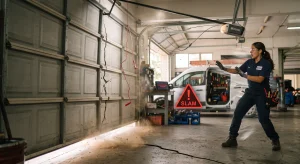 A technician stepping away as a garage door crashes onto the floor, illustrating Garage Door Slam Shut Reasons.