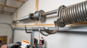 A broken torsion spring coil hanging loose, which causes a Garage Door Slams Shut defect.