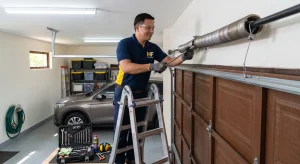 A technician using a winding bar on a torsion spring assembly, inspecting Parts That Commonly Cause a Garage Door Slams Shut.