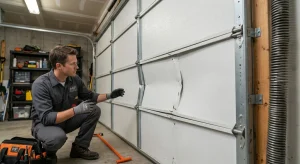 A technician wearing work gloves inspecting a damaged steel section with a Bent Garage Door Panel.