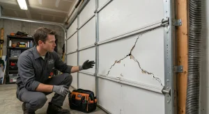 A technician pointing toward a severe diagonal fracture on a lower section showing Garage Door Panel Damage.