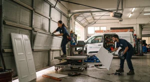 Technicians replacing sectional panels to extend overall Garage Door Panel Lifespan.