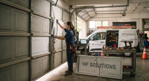 A technician fitting a new section into place during a Garage Door Panel Replacement.