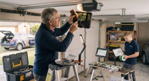 A technician using a multimeter on a logic board to check Common Garage Door Opener Parts to Replace.
