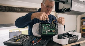 A technician assembling a circuit board and wiring internal Garage Door Opener Parts.