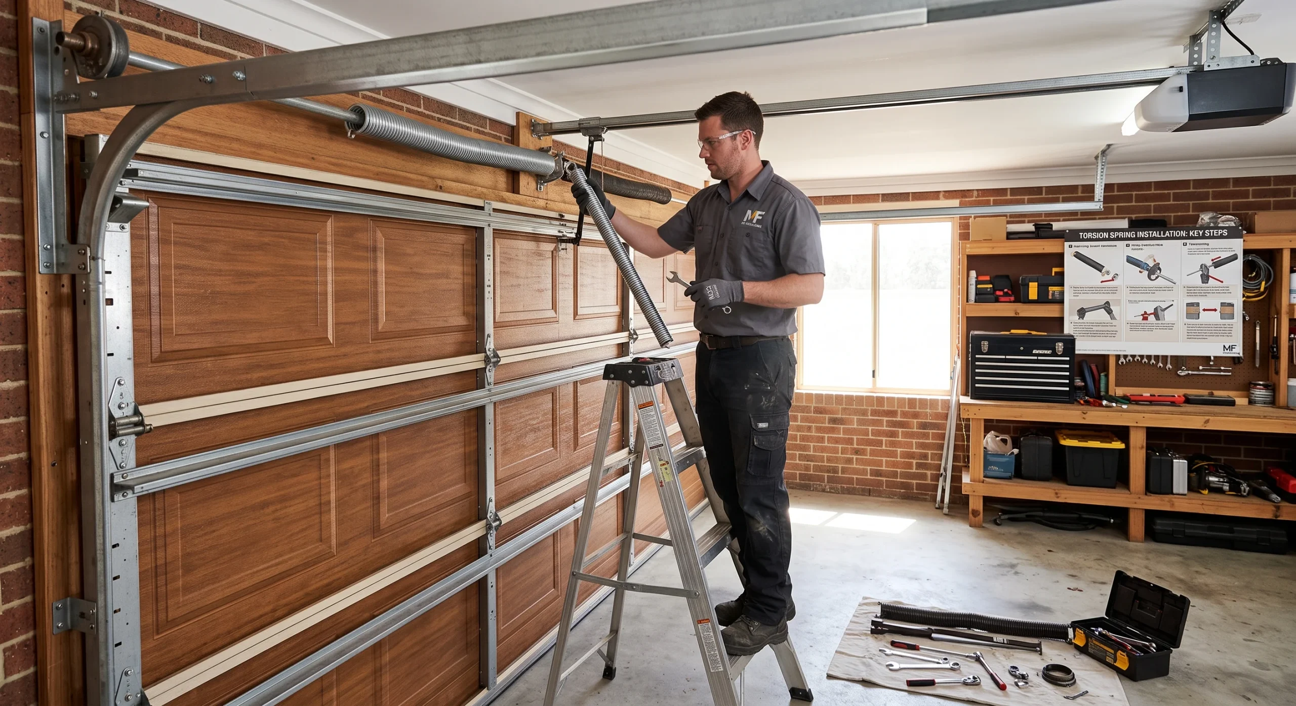 A technician holding a wrench near a replacement spring, demonstrating key Actions to Take After a Garage Door Slams Shut.