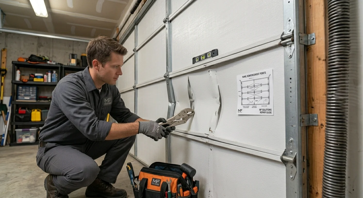 Technician repairing a worn, damaged metal surface on an Aging Garage Door Panel.