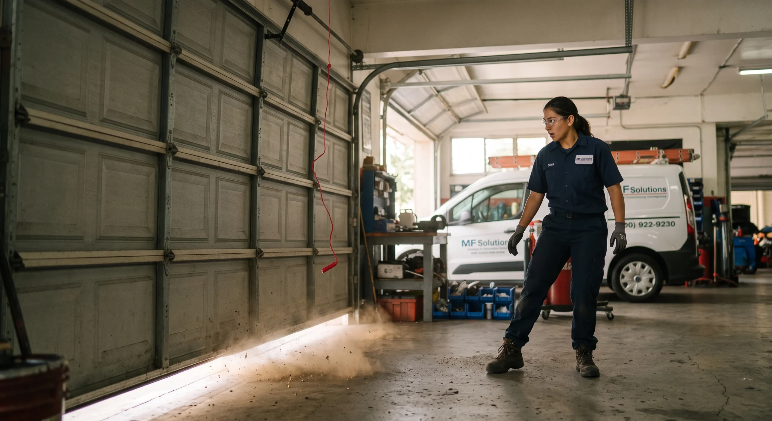 A technician observing a garage door hitting the ground hard, demonstrating the Causes of Garage Door to Slam Shut in Buffalo Grove.