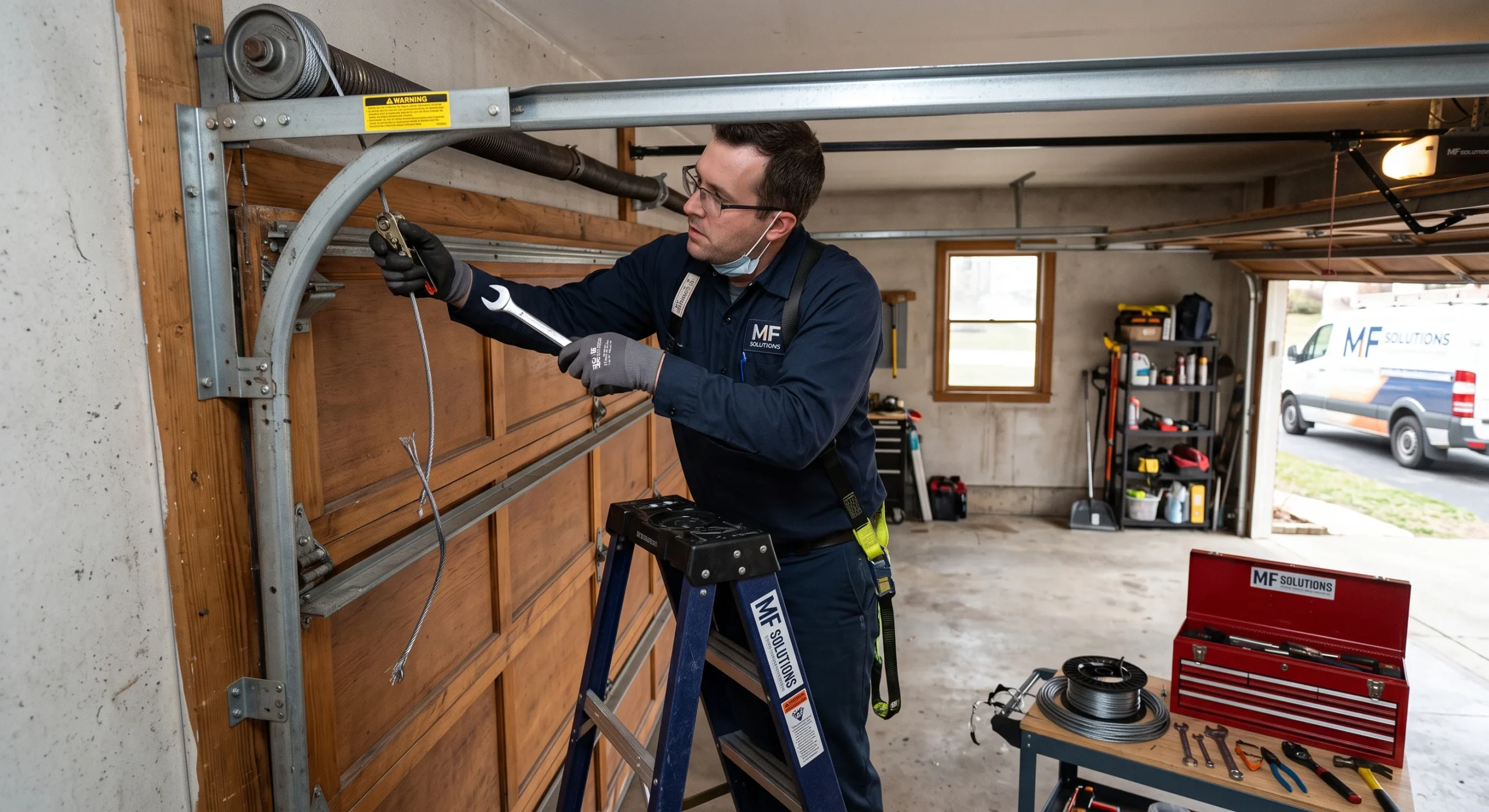 A technician on a ladder adjusting cable tension to fix a Garage Door Close Too Fast issue.