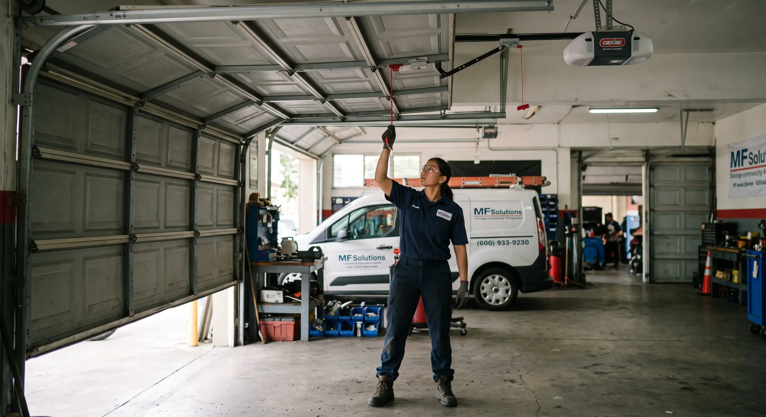 A technician reaching up to pull a jammed emergency cord when a Garage Door Manual Release is Stuck.