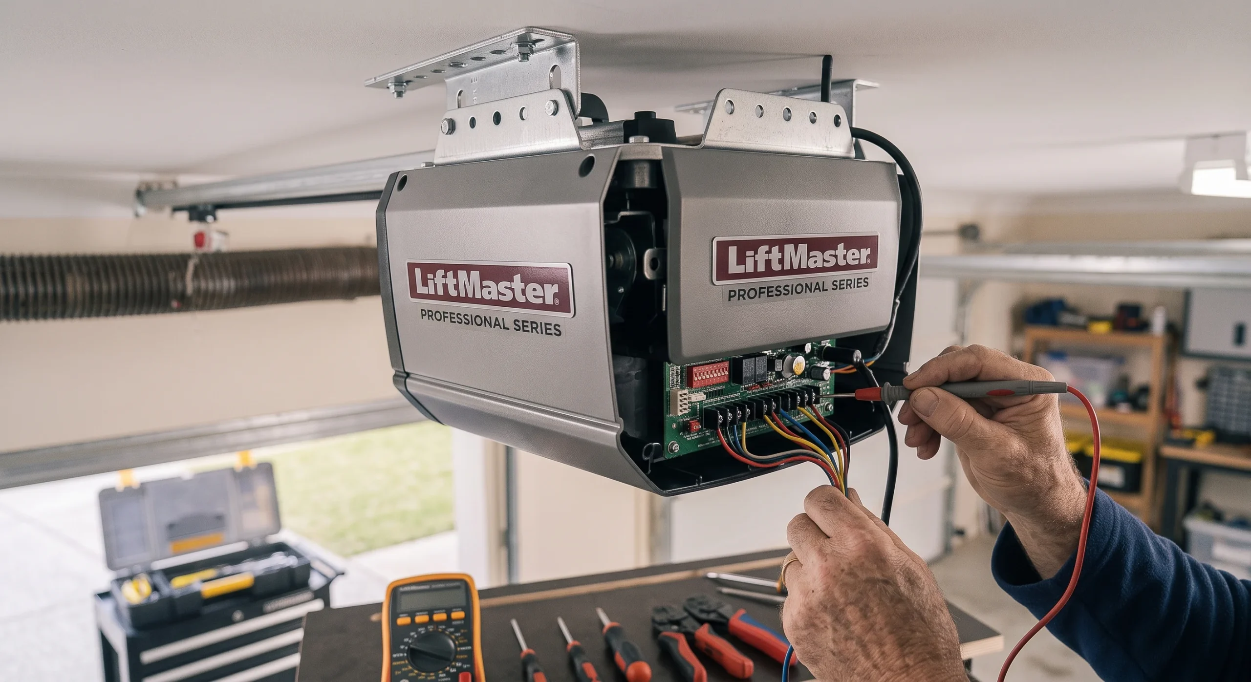 A technician testing voltage on a new LiftMaster unit during a Garage Door Opener Opener Replacement.
