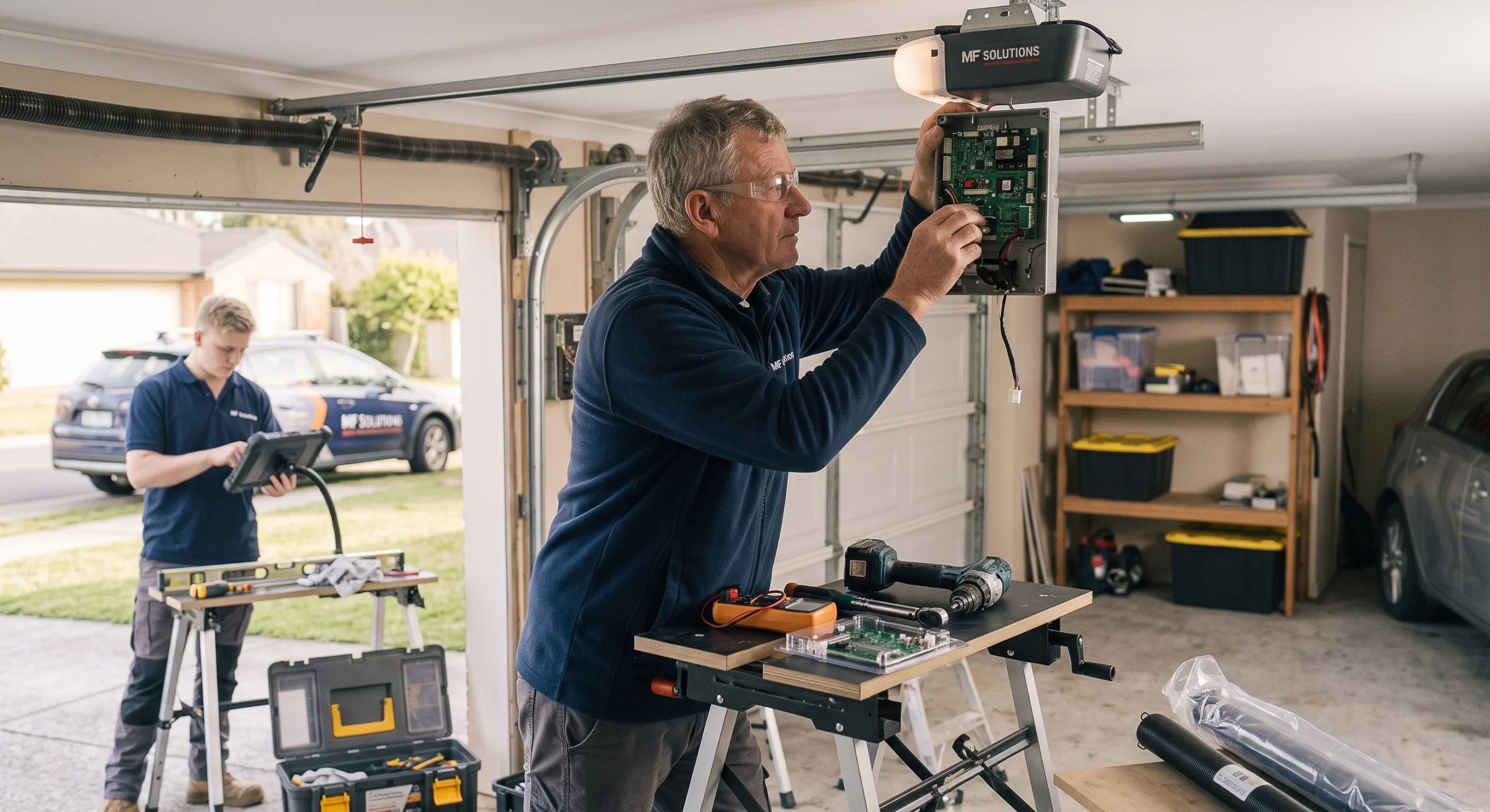 A technician replacing an internal circuit board after Garage Door Opener Parts Fail.
