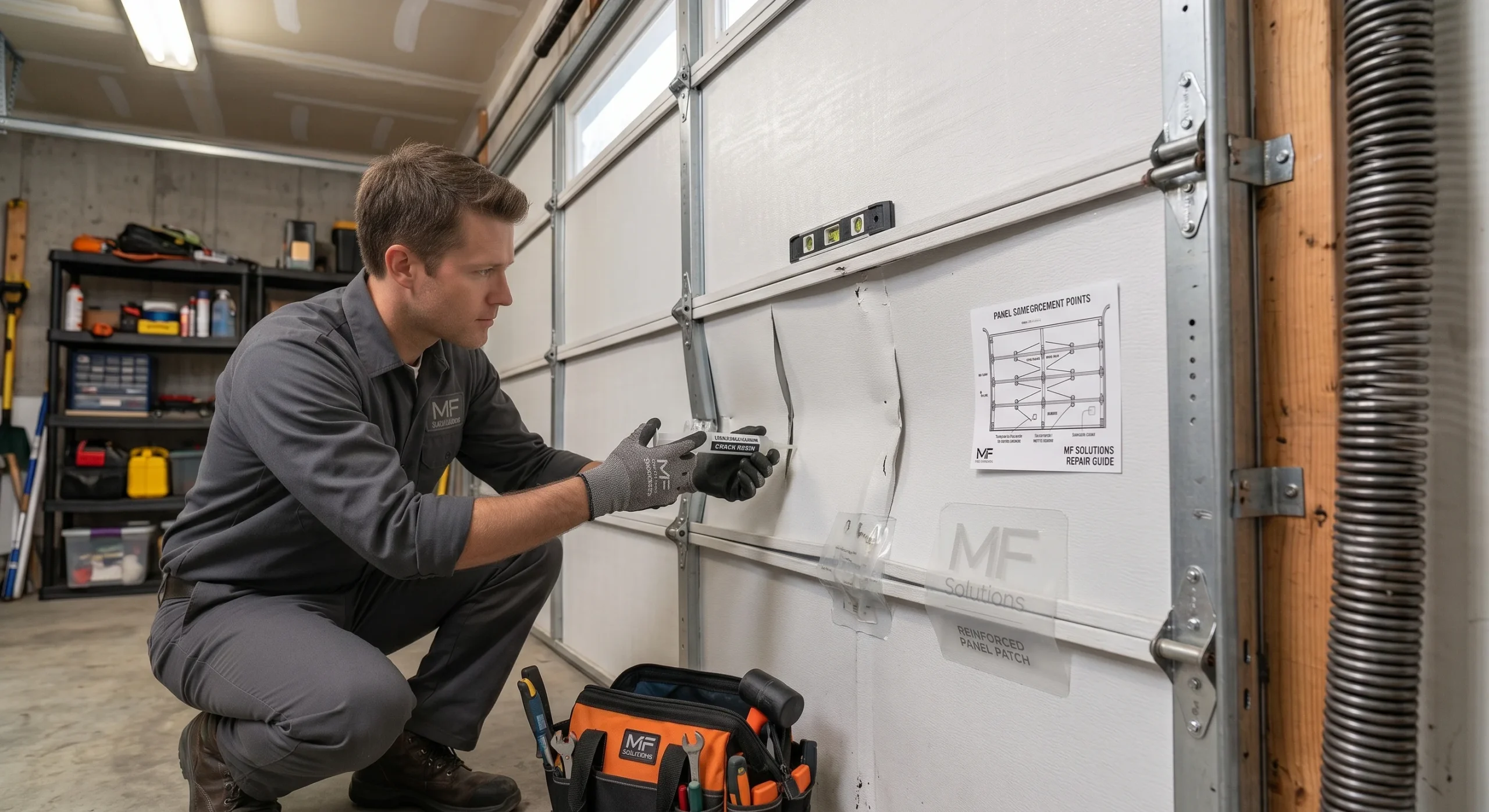 A technician holding a repair bracket up to a cracked section during a Garage Door Panel Repair in Buffalo Grove, IL.