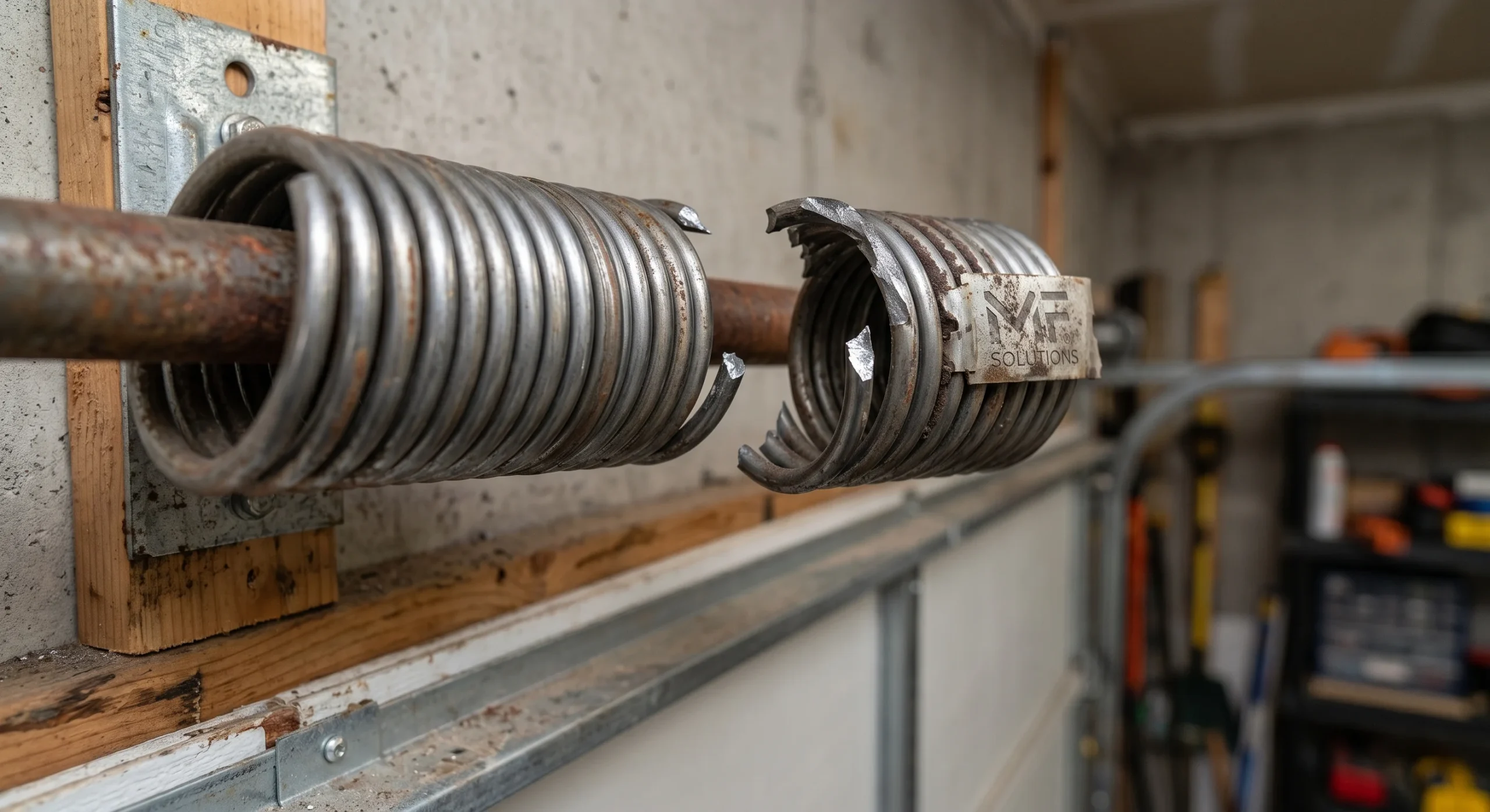 A broken overhead torsion spring causing a safety hazard and creating a Garage Door Slams Shut Problem.
