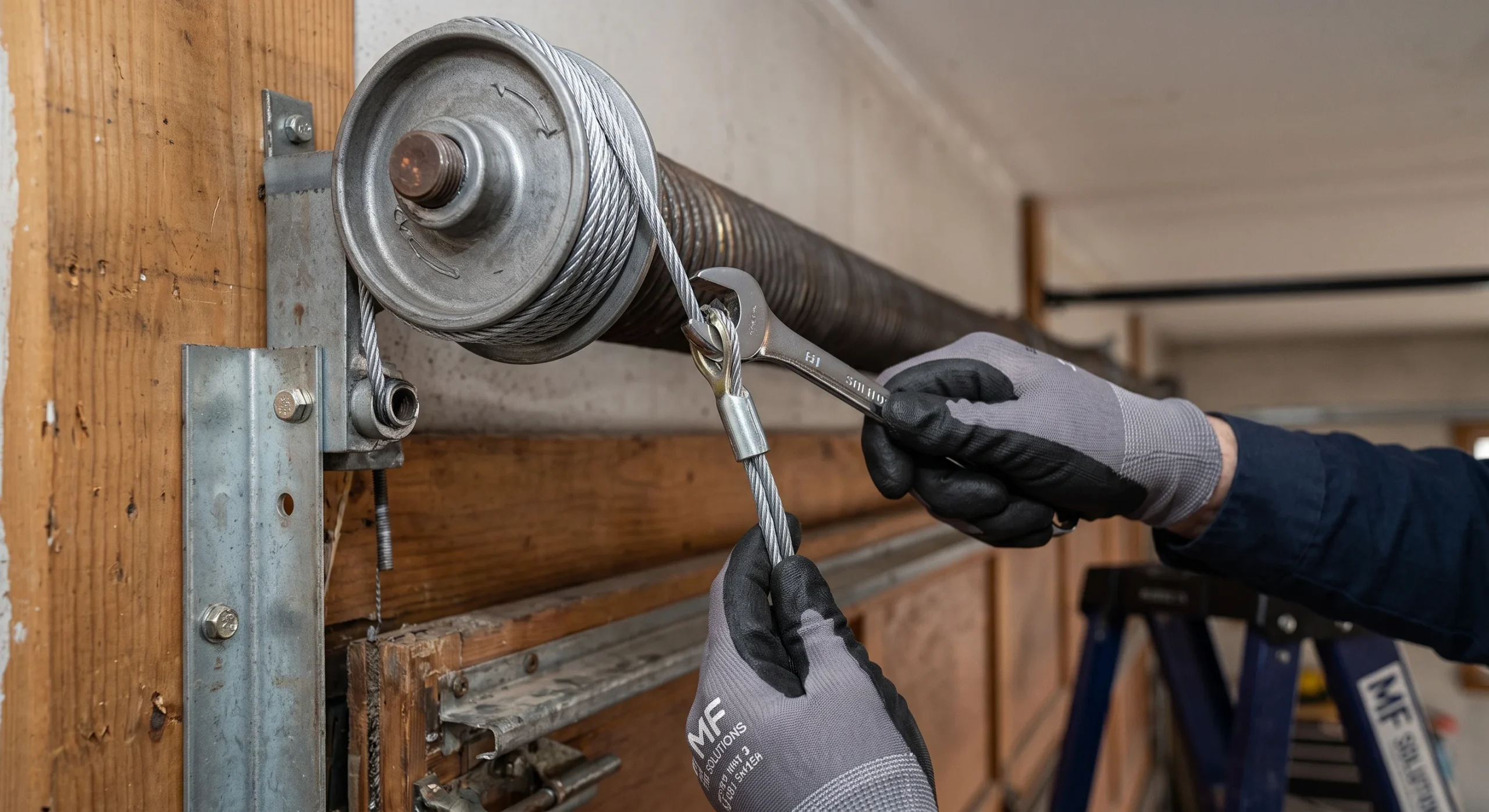 A technician using a wrench to tighten a loose cable around a pulley drum so the Garage Door Slams When Closing issue is resolved.