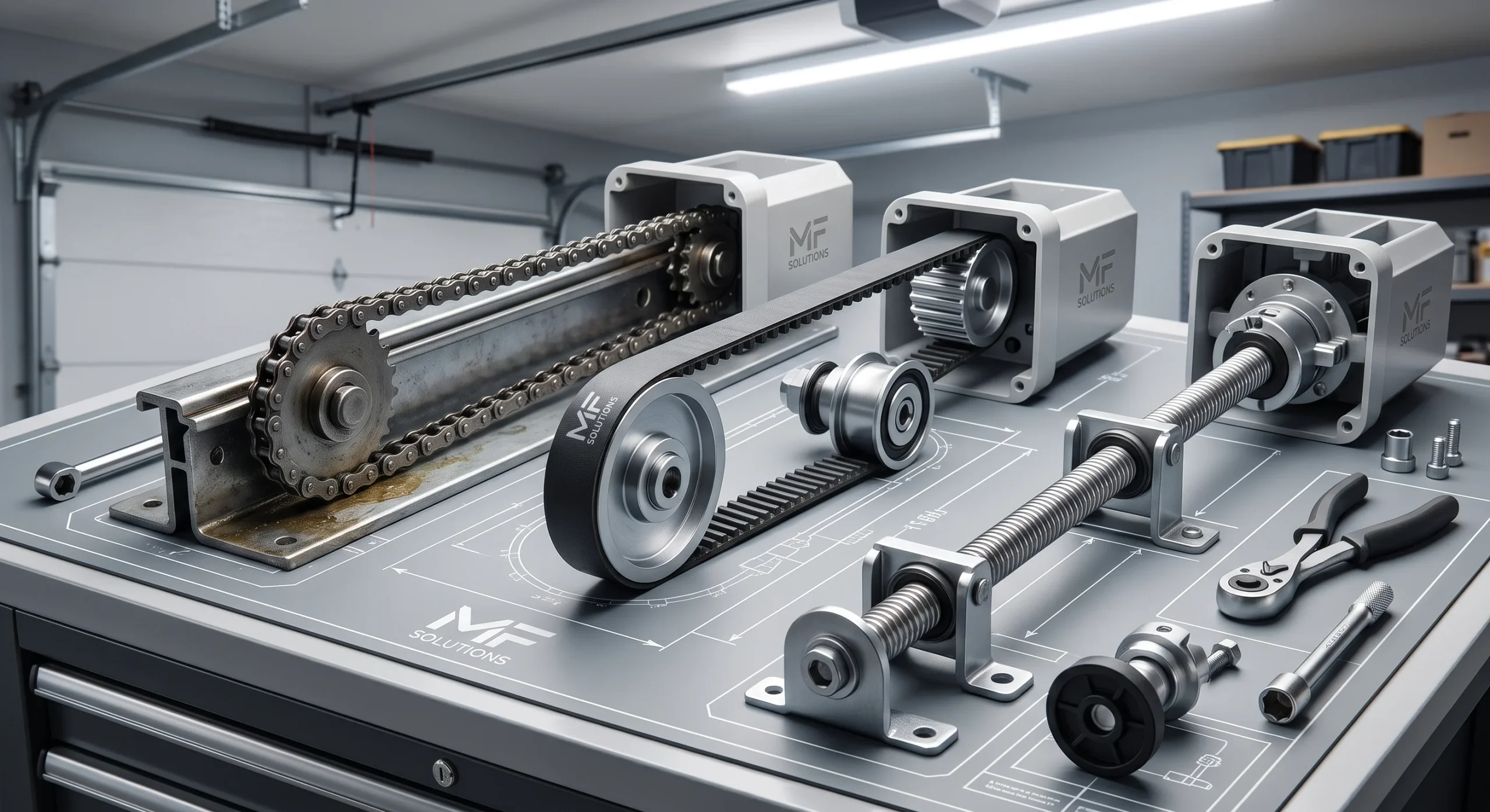 Drive belts, chains, and gear components laid out on a workbench as Garage Door Opener Replacement Parts.