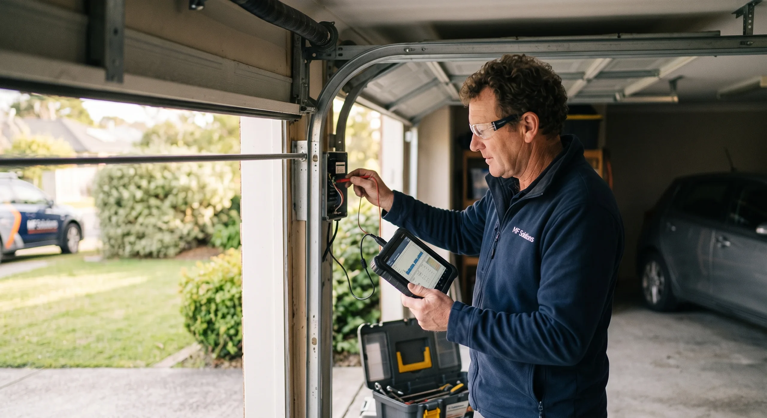 A technician using a diagnostic tablet to check electrical wiring during Professional Garage Door Maintenance.
