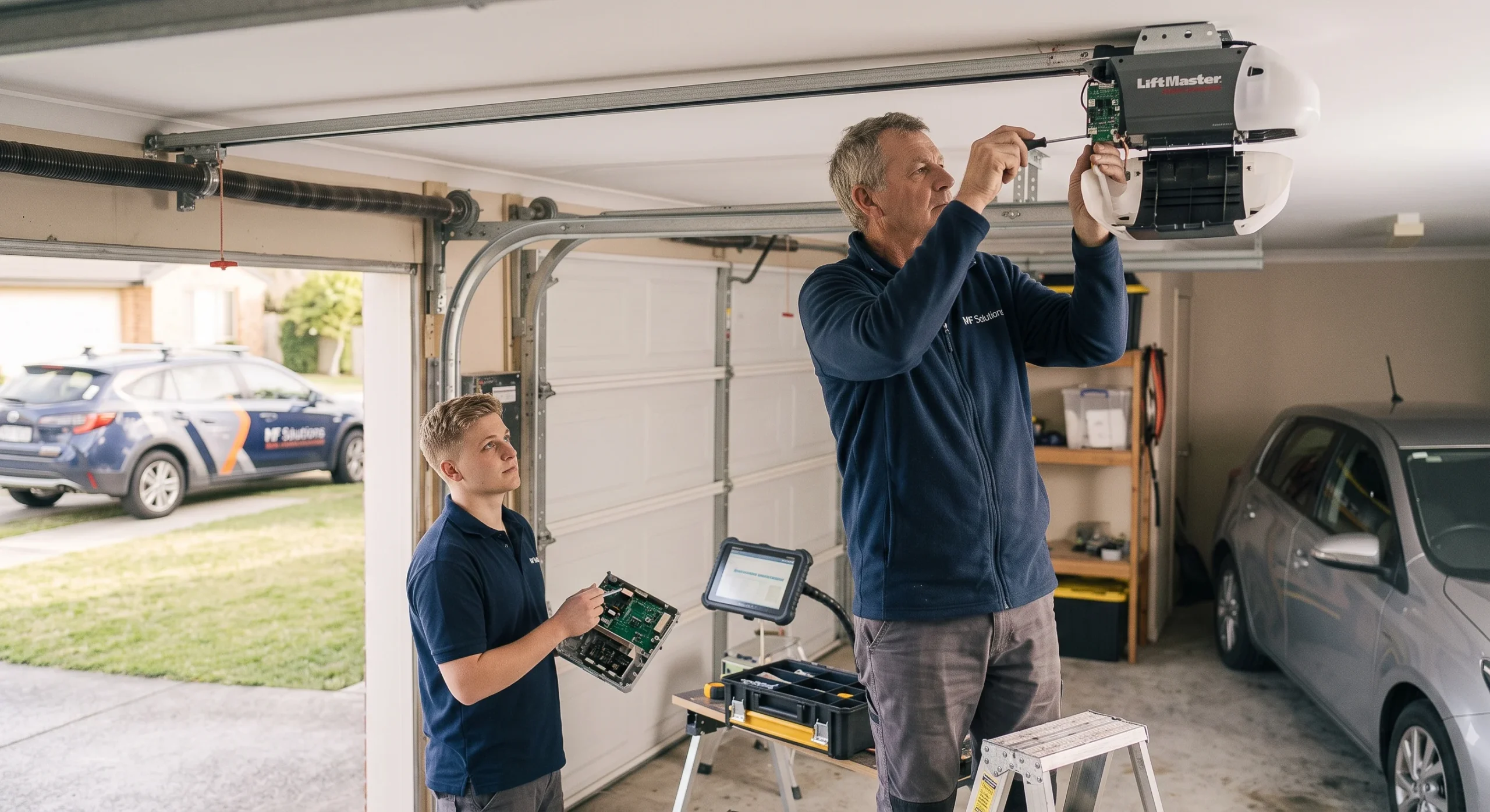 A technician wiring an overhead LiftMaster motor while an assistant holds parts during a garage door opener installation.