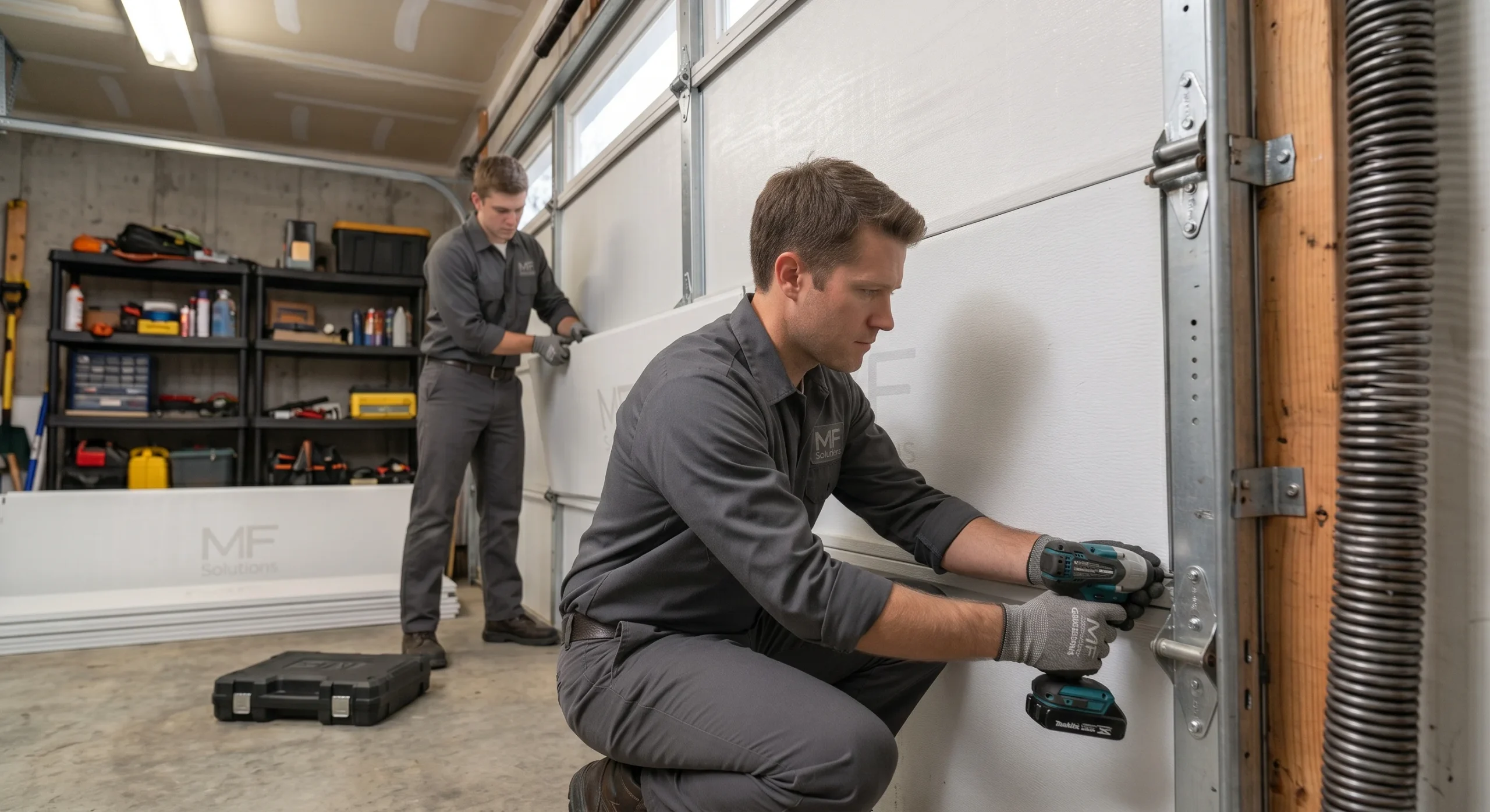 A service technician using an impact driver to attach hinges during a local garage door panel replacement near me.